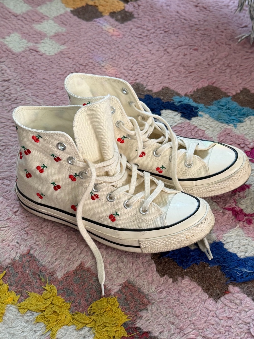 Converse women’s Cream High-Top Sneakers with Red Cherry Print - Picture 3 of 5